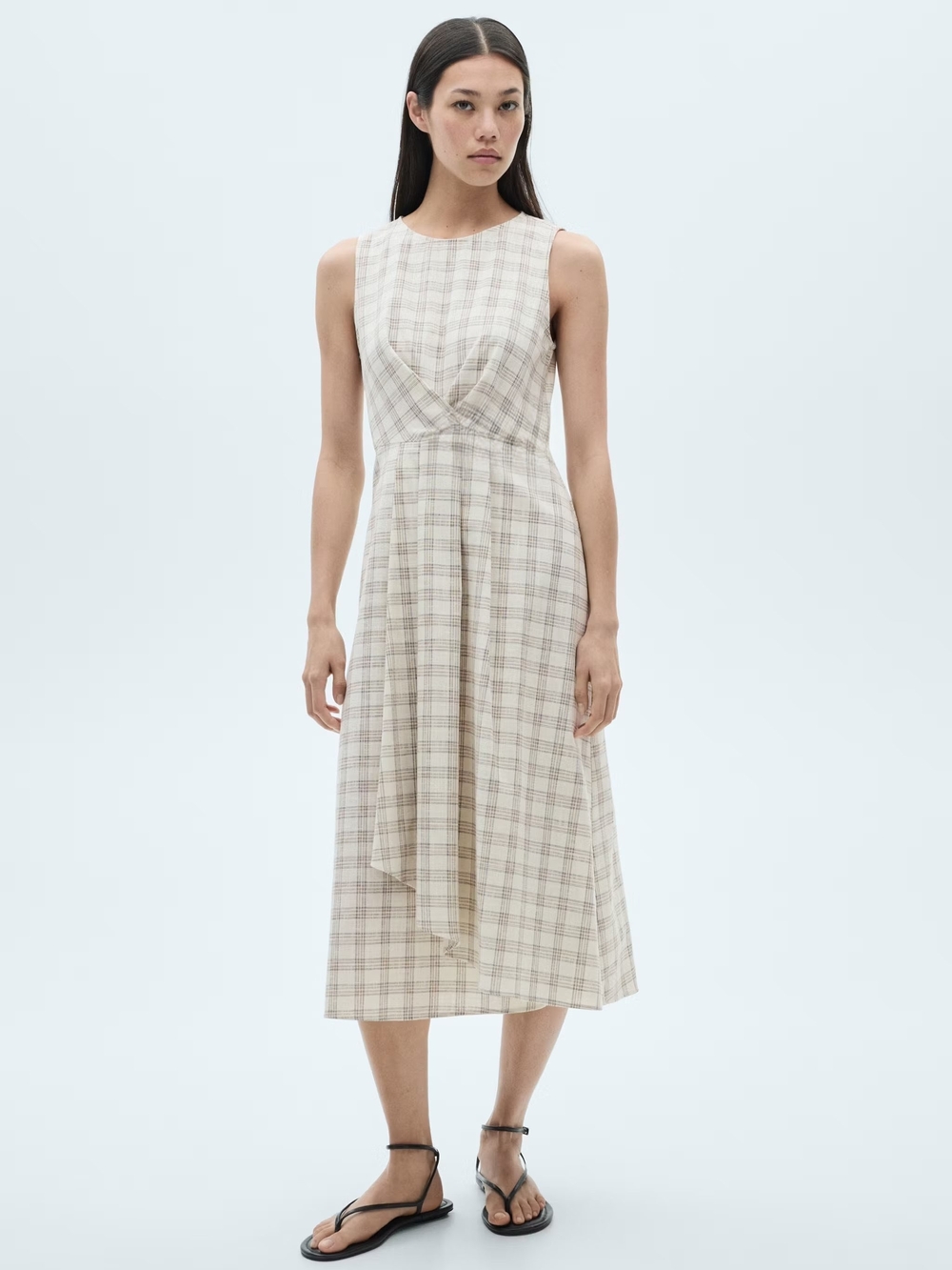 Mango Beige Plaid Sleeveless Midi Dress